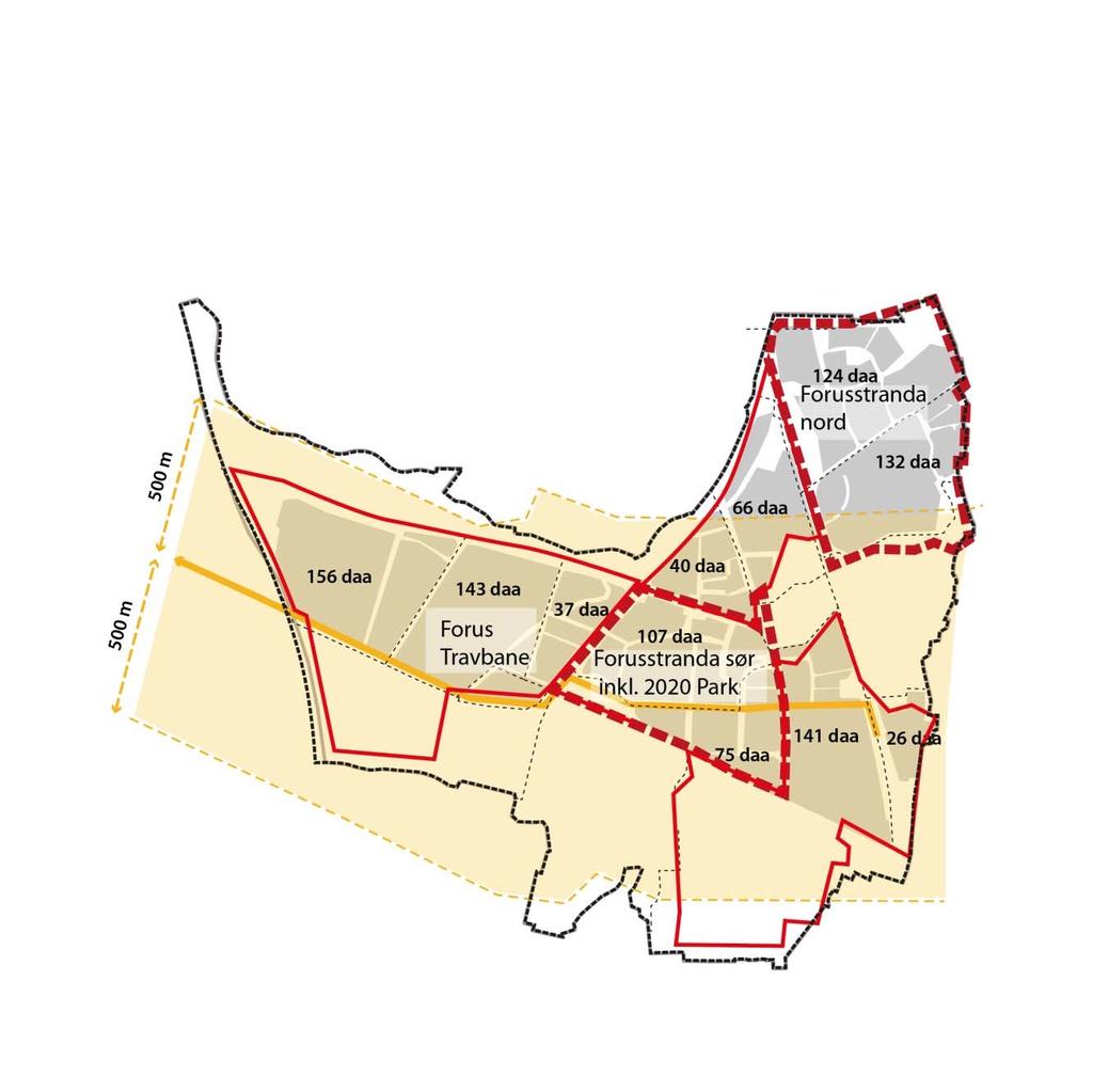 Alternativ 2 Mulig bybanetrase er vist med orange linje, her møtes traseene nord sør og øst vest i Forus Vest.