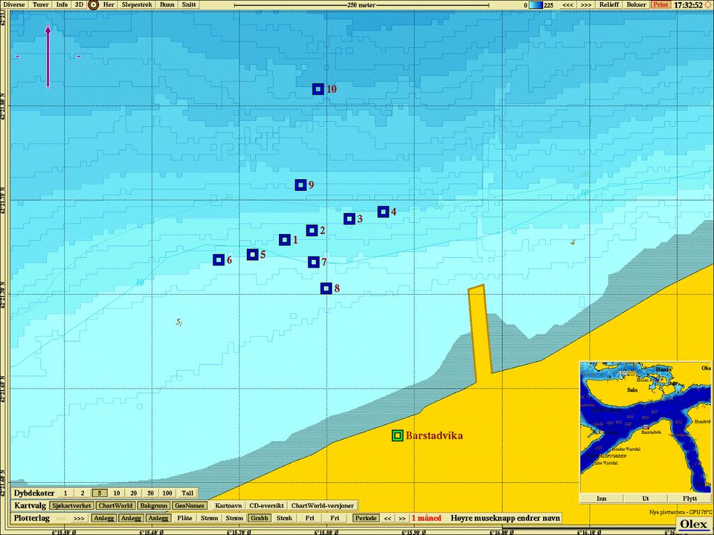 B-undersøkelse Barstadvika Havbrukstjenesten AS Figur 4. Topografisk kart (nordlig orientering) med avmerking av anlegget og prøvestasjoner.