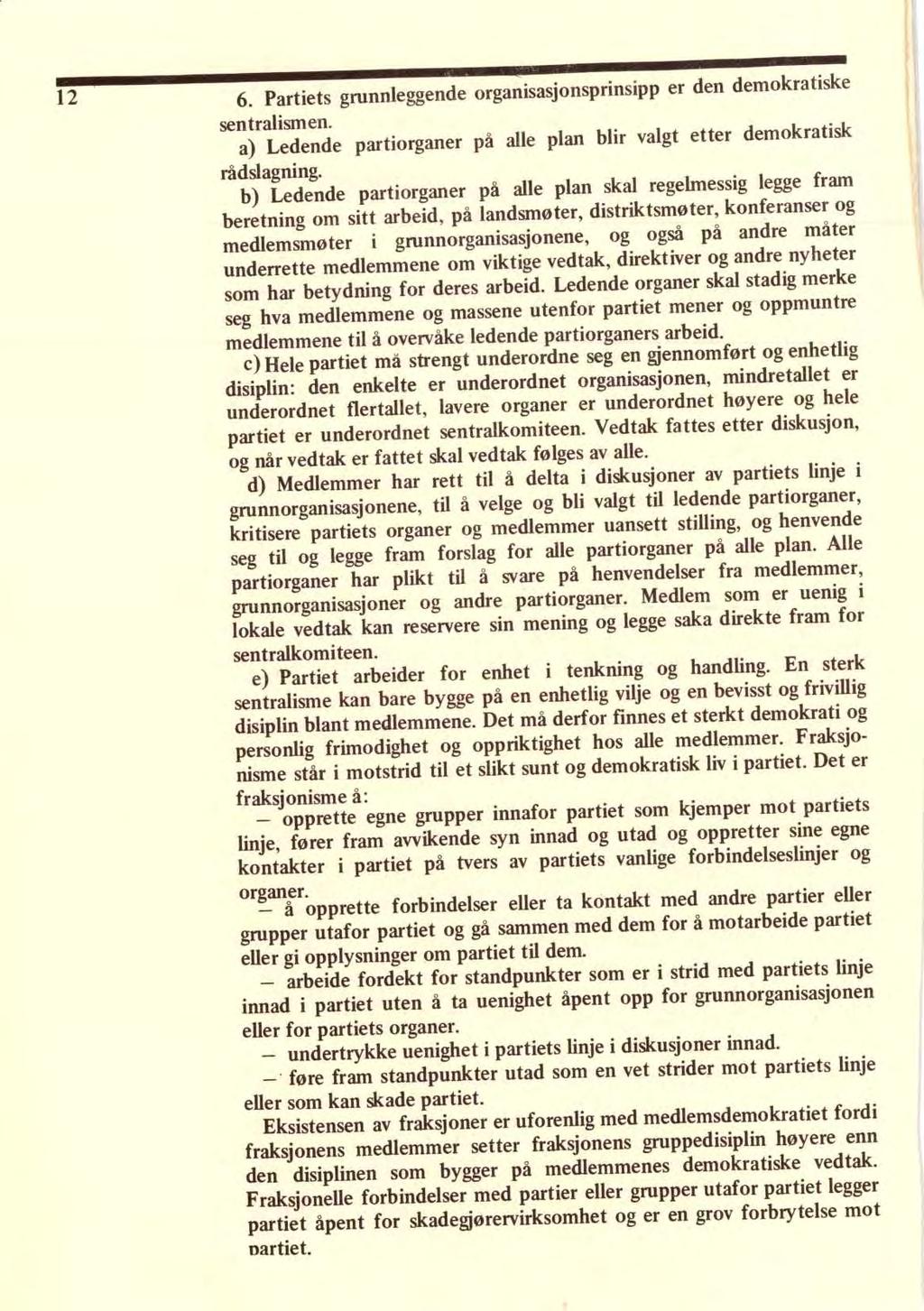 12 6. Partiets grunnleggende organisasjonsprinsipp er den demokratiske sentralismen. a) Ledende partiorganer på alle plan blir valgt etter demokratisk rådslagning.