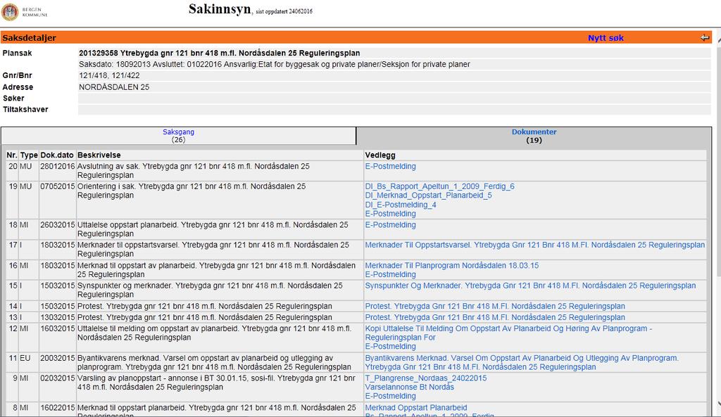 Utsnitt fra kommunens saksinnsyn, saksnr. 201329358, der det følger at saken er avsluttet. Rammesøknad Det ble 21.01.2016 sendt inn søknad om riving av eksisterende bolig og oppføring av firemannsbolig med tilhørende utvendig bod.