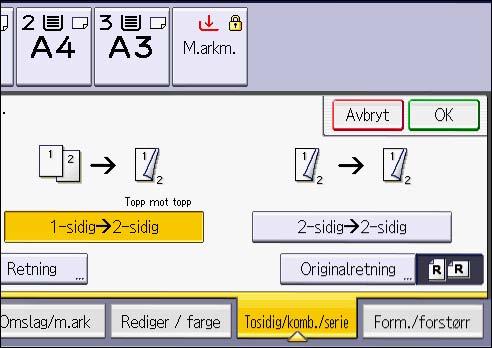 3. Kopi 2. Sørg for at [Tosidig] er valgt. 3. Velg [1-sidig 2-sidig] eller [2-sidig 2-sidig] i henhold til hvordan du vil at dokumentet skal skrives ut.