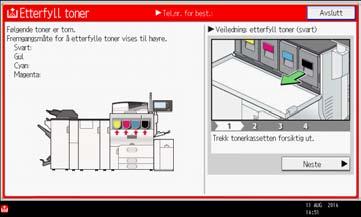 Etterfylle toner Pass på at det ikke spruter toner når du bytter tonerkassett, beholder for brukt toner eller rekvisita med toner i. Legg brukt rekvisita i en pose når du har tatt dem ut.