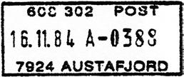 ? 608 302 POST Litra A Innsendt?? 7924 AUSTAFJORD Stempel nr. S1 Type: Motiv Utsendt?