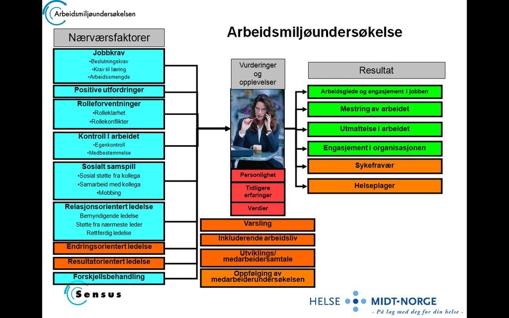 Figur 1. Modell til grunn for spørreskjemaet benyttet som arbeidsmiljøundersøkelse i Helse Midt-Norge.