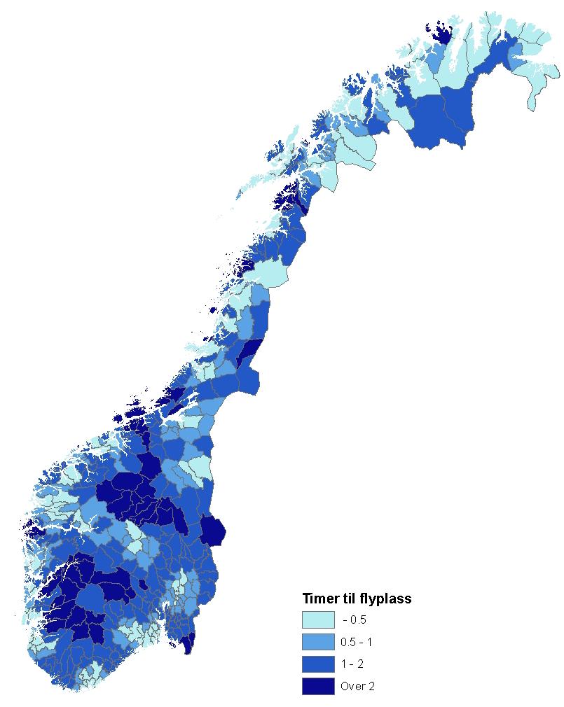 Tabell 1.1 viser klart at Nord-Norge og Vestlandet har den beste flyplasstilgjengeligheten. 2/3 av innbyggerne her bor innenfor en halv time til flyplassen.