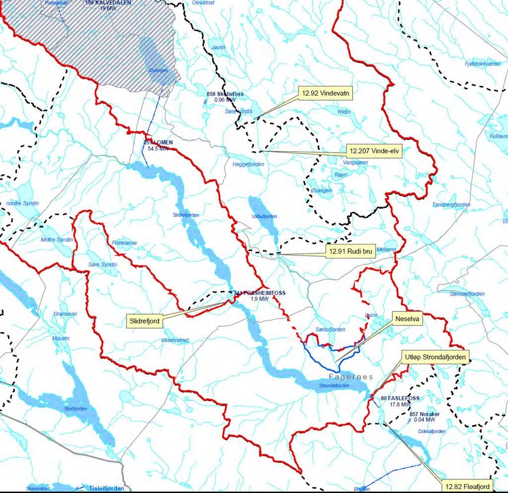 Figur 11. Inndeling av delfelt/lokalfelt i beregninga av middelflom. Det skal beregnes middelflom for Neselva, Slidrefjord og Strondafjord. 5.