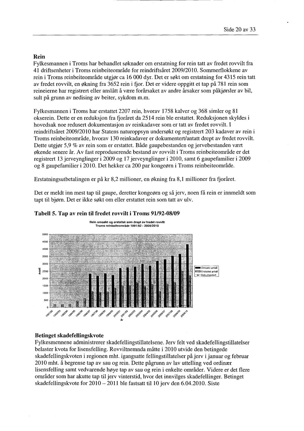 Side 20 av 33 Rein Fylkesmannen i Troms har behandlet søknader om erstatning for rein tatt av fredet rovvilt fra 41 driftsenheter i Troms reinbeiteområde for reindriftsåret 2009/2010.