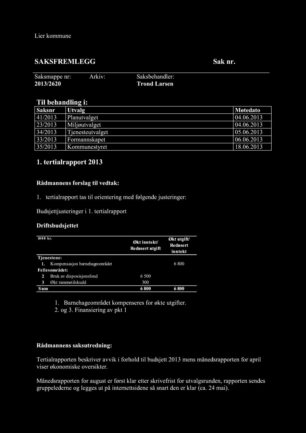 Lier kommune SAKSFREMLEGG Saknr. Saksmappenr: 213/22 Arkiv: Saksbehandler: Trond Larsen Til behandling i: Saksnr Utvalg Møtedato 41/213 Planutvalget 4..213 23/213 Miljøutvalget 4.