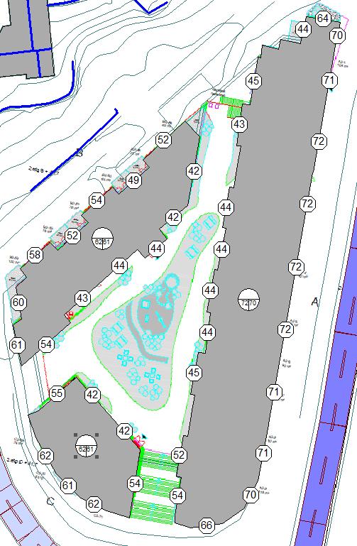 Figur 5: Støynivå, Lden (db) ved fasade i andre etasje. Figur 6: Støynivå, Lden (db) ved fasade i tredje etasje. Figur 7: Støynivå, Lden (db) ved fasade i fjerde etasje.