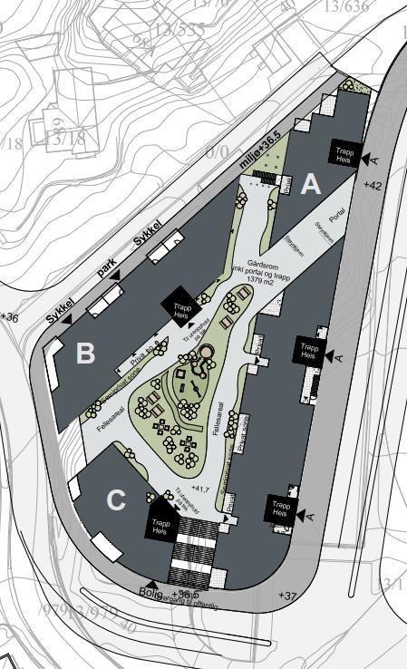 Figur 2: Snitt bygg A. Figur 1: Situasjonsplan. 1.4 Trafikk og vegsystem Fremtidig trafikkmengde (10 20 år frem i tid jf.