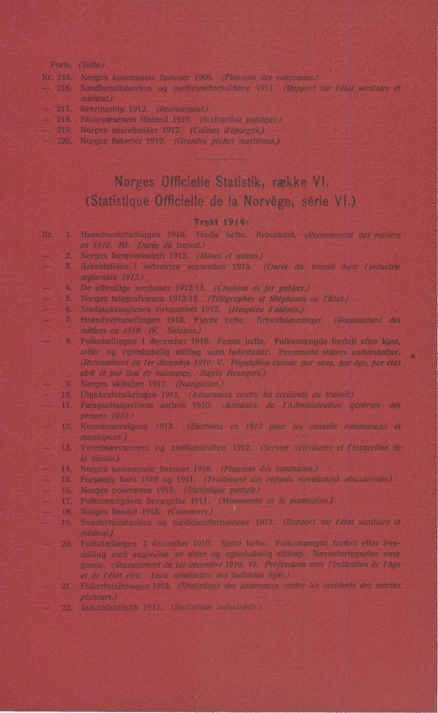 Frts. (Suite) Nr. 5. Nrges hinmunale finanser 909. (Finances des cmmunes.). Sundhetstilstanden g medicinalfrhldene 9. (Rapprt sur tét ai sanitaire et medical.) 7. Rekrutering 9. (Recrutement.). Sklevresenets tilstand 90.