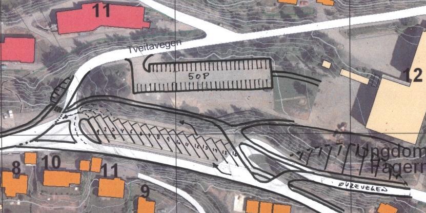 terrenginngrep som følge av dette. Høydeforskjellen opp til parkeringsplassen er ca 4 meter.