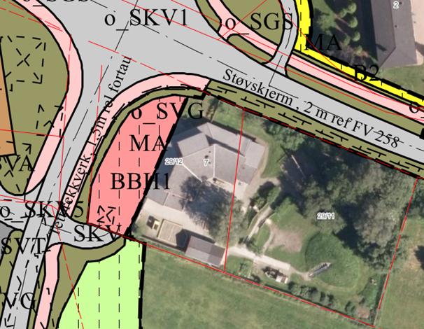 Model som viser barnehagen og rundkjøringen ved full utbygging (til venstre). Figuren til høyre viser hvordan eiendommen berøres arealmessig i forhold til dagens situasjon.