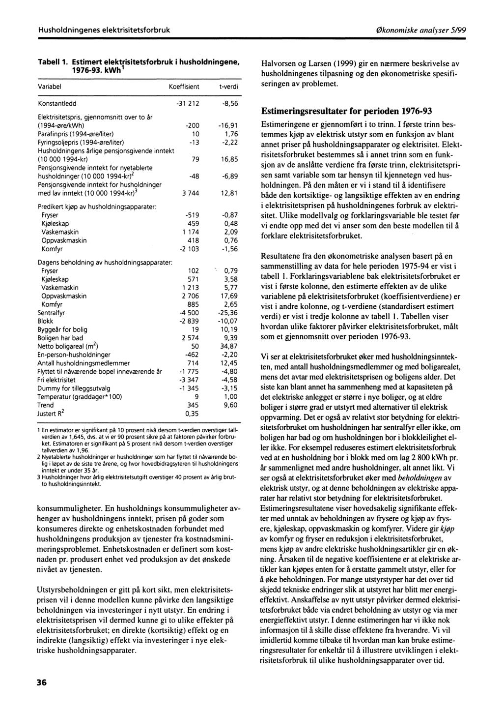 Husholdningenes elektrisitetsforbrukøkonomiske analyser 5/99 Tabell 1. Estimert elektrisitetsforbruk i husholdningene, 1976-93.