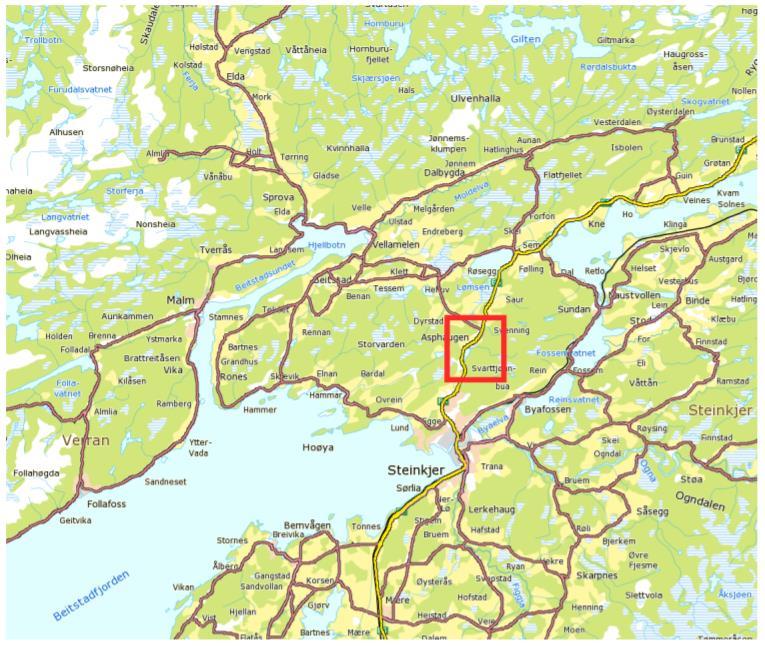 Figur 12. Geografisk plassering av planområdet for kommunedelplan med konsekvensutredning for Asphaugen med ny E6 Selli-Asp (Statens vegvesen 2013a).