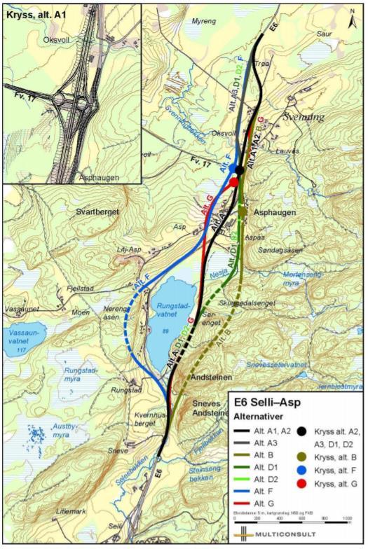 Ny E6 Selli-Asp Total ble det utarbeidet utredninger for åtte mulige alternativet for ny E6 Selli- Asp (Figur 15).