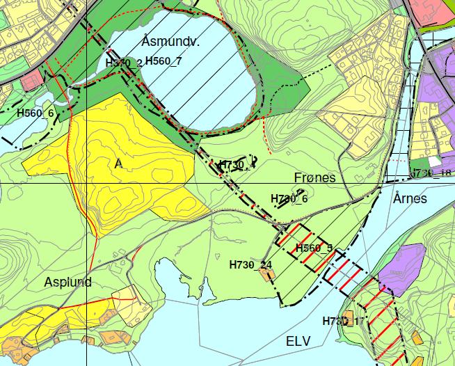 4.3 Overordnede planer Overordnet plan er kommuneplanens arealdel 2009-2020 vedtatt 12.03.10, hvor planområdet omfattes av kommunedelplan for Åfjord sentrum 2014-2025, Planid 201401, vedtatt 13.05.