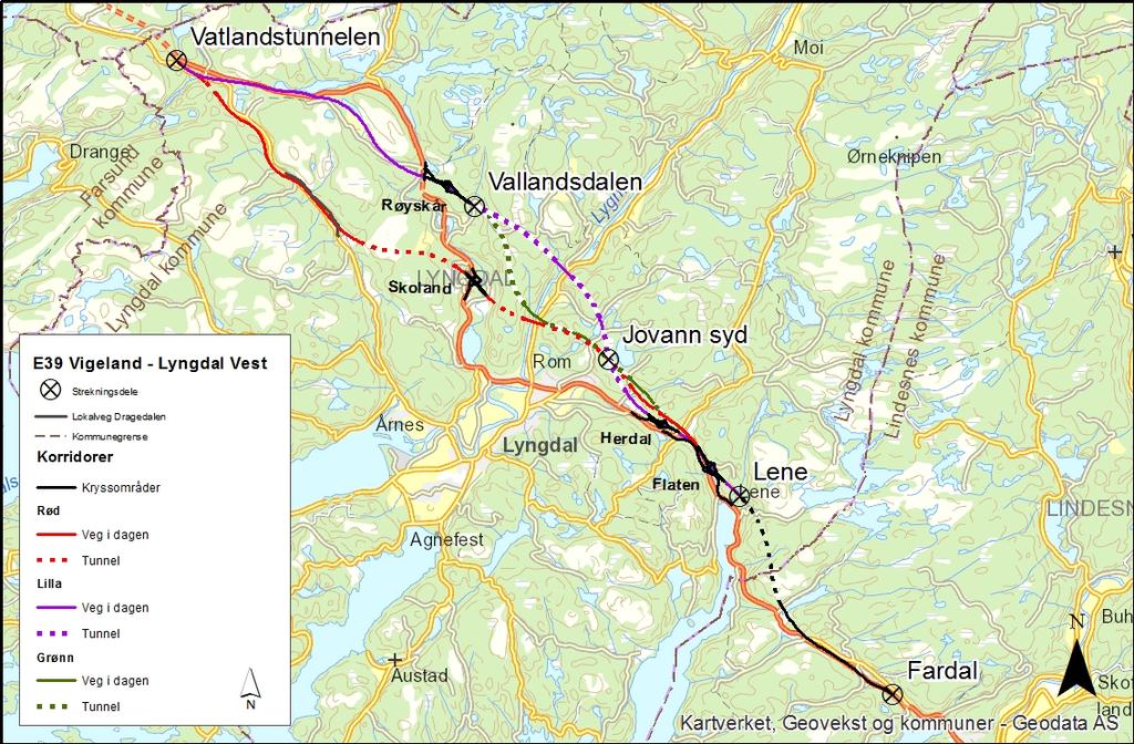 Temarapport Nærmiljø og friluftsliv Konsekvensutredning for kommunedelplan Figur 1-3: Alternative vegkorridorer for ny E39 fra Fardal i Lindesnes til Vatlandstunnelen vest i Lyngdal.