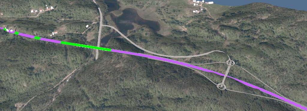 Figur 5-10: Klipp fra 3D modell. Grønn og lilla korridor berører bebyggelse vest for Møska, på Eikeland.