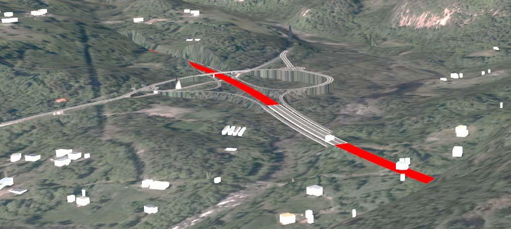 Figur 5-11: Klipp fra 3D modell. Rød korridor berører noe bebyggelse i utkanten av Skoland.