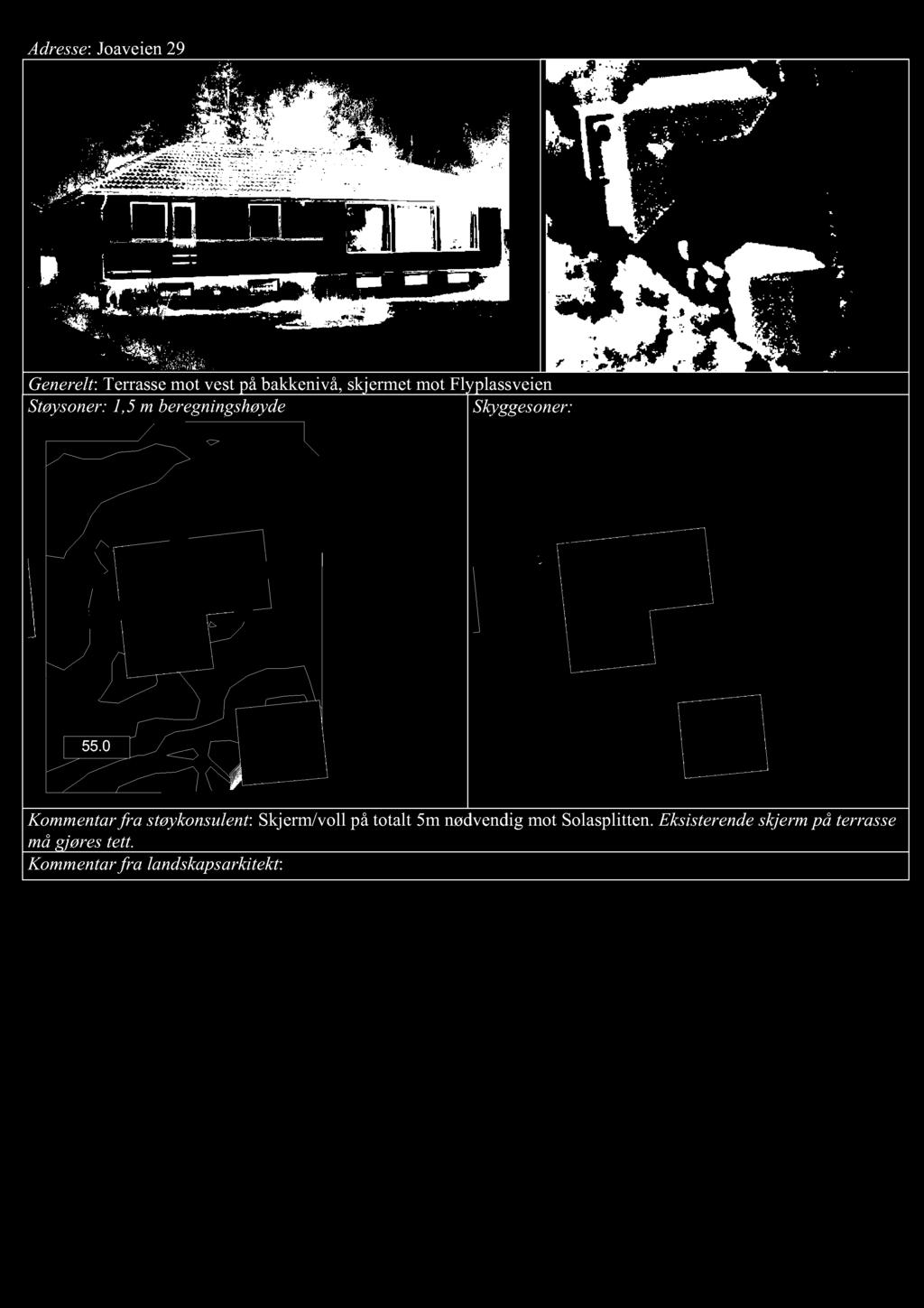Adresse : Jo aveien 29 Generelt : Terrasse m o t vest på bakkeniv å, skjermet m o t Flyplassveien Støysoner: 1,5 m beregningshøyde 55.