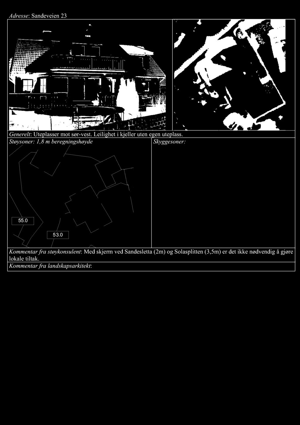 Adresse : Sandeveien 23 Generelt : Uteplasse r m o t sør-ves t. Le iligh e t i k j e l ler uten egen utepla ss. Støysoner: 1,8 m beregningshøyde 55. 0 53.