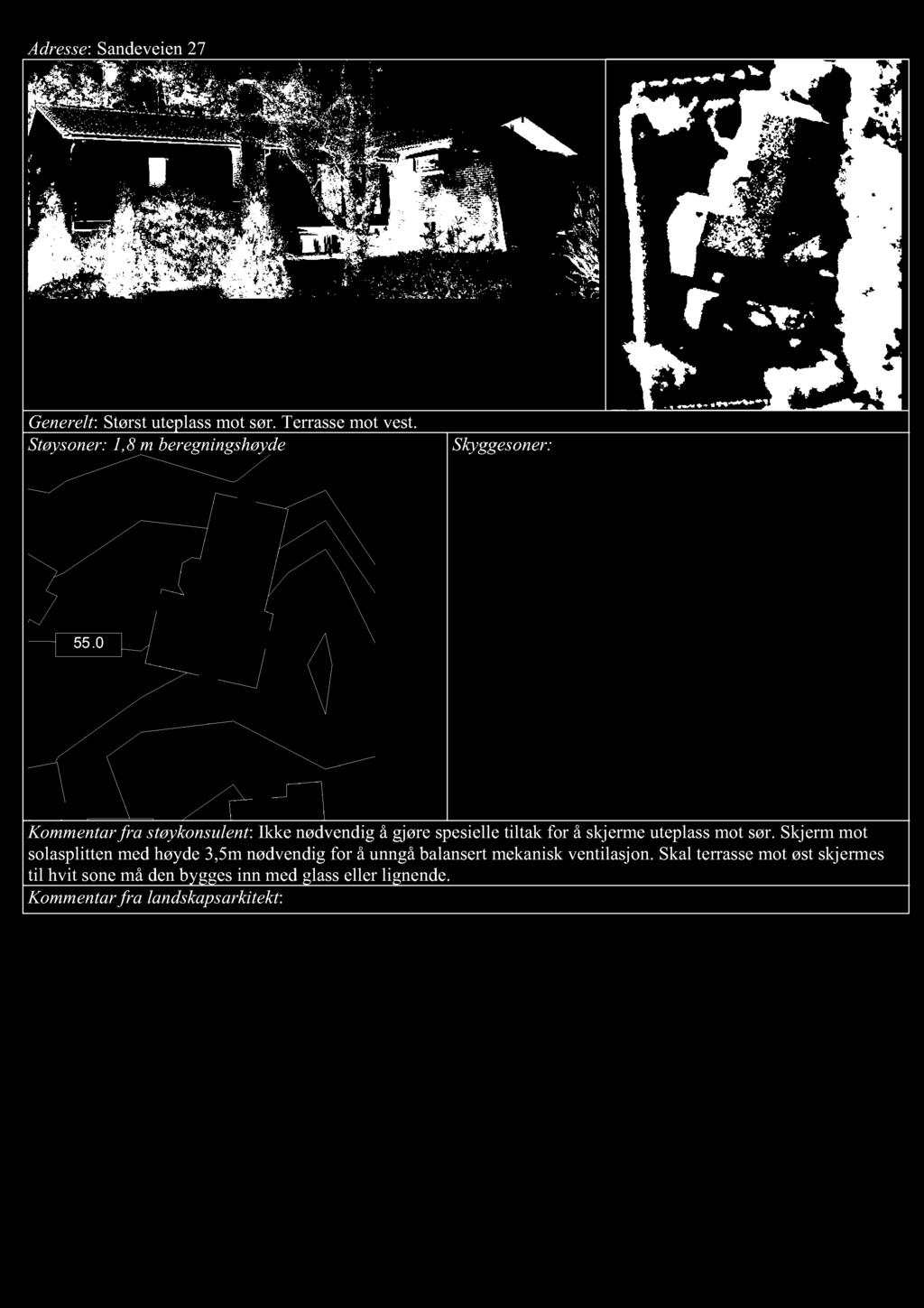 Adresse : Sandeveien 27 Generelt : Størst utepla ss m o t sør. Terrasse m o t vest. Støysoner: 1,8 m beregningshøyde 55.
