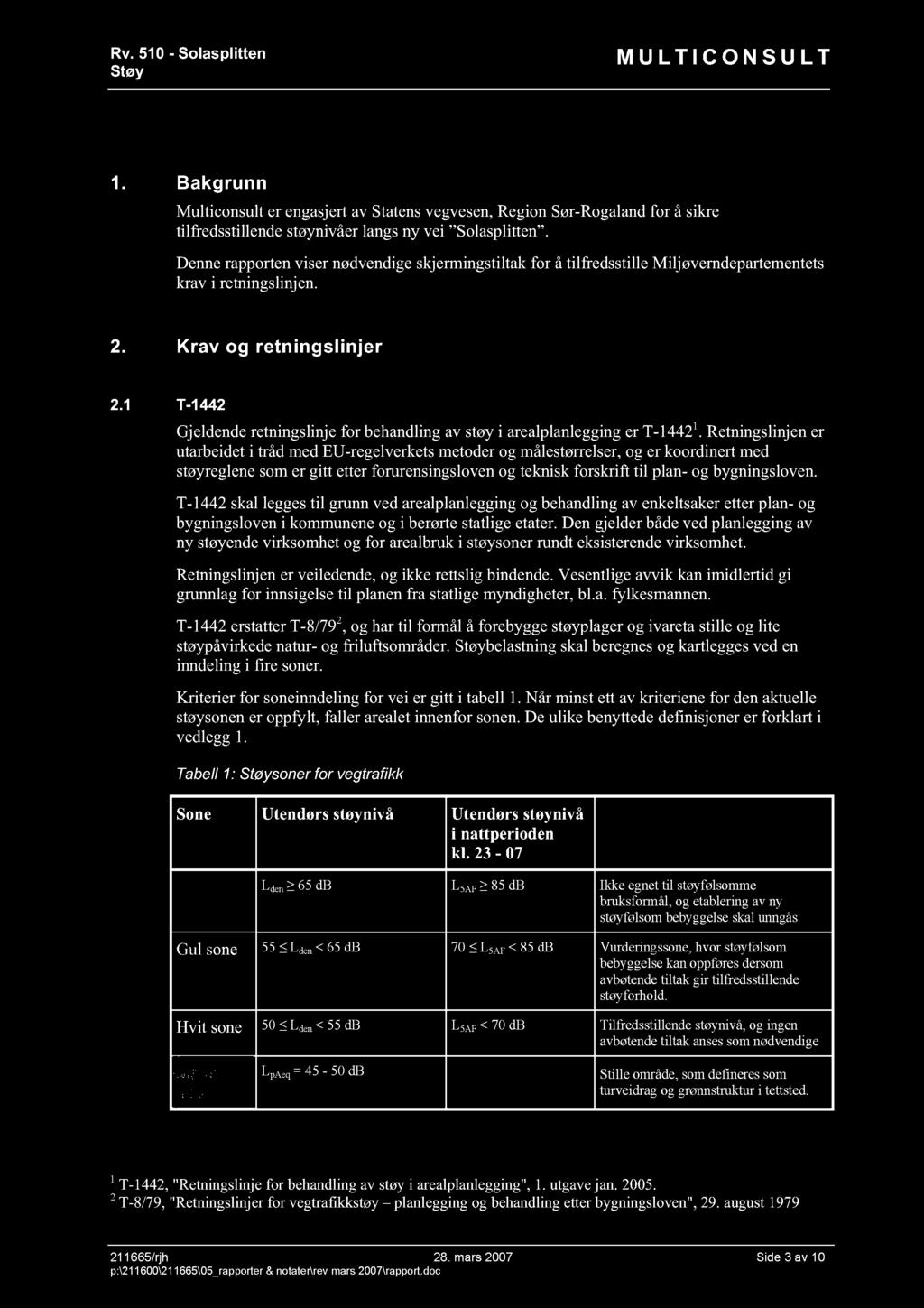 Rv. 510 - Solasplitten Stø y M U L TI C O N S U L T 1. Bakgrunn Multiconsult er engasjert av Statens vegvesen, Region Sør-Rogaland for å sikre tilfredsstillende støynivåer langs ny vei Solasplitten.