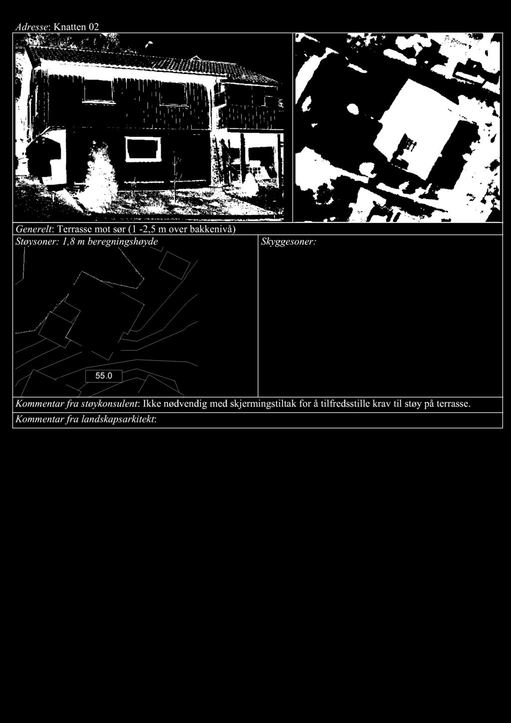 Adresse : Kn atten 02 Generelt : Terrasse m o t sør (1-2,5 m over bakkenivå) Støysoner: 1,8 m beregningshøyde 55.