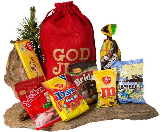 Nissens Favoritter liten 535g Innhold: Melkesjokolade 200g, Twist 145g, Cloetta Juleskum 100g, M-peanut 90g, pakket i striesekk kr 220,00 171541 - Nissens Favoritter medium 800g Innhold: