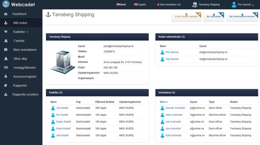 Mitt rederi Endre rederi detaljer Ny instruktør