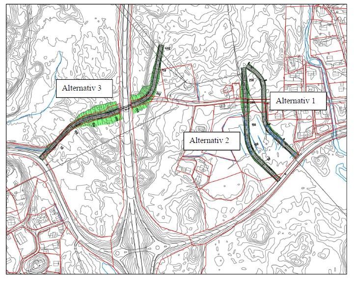 Alternativ 1 ligger i østre kant av LNF-område og deler i mindre grad enn alternativ 2 eksisterende eiendommer. COWI har også vurdert at grunnforholdene på alternativ 1 er bedre enn alternativ 2.