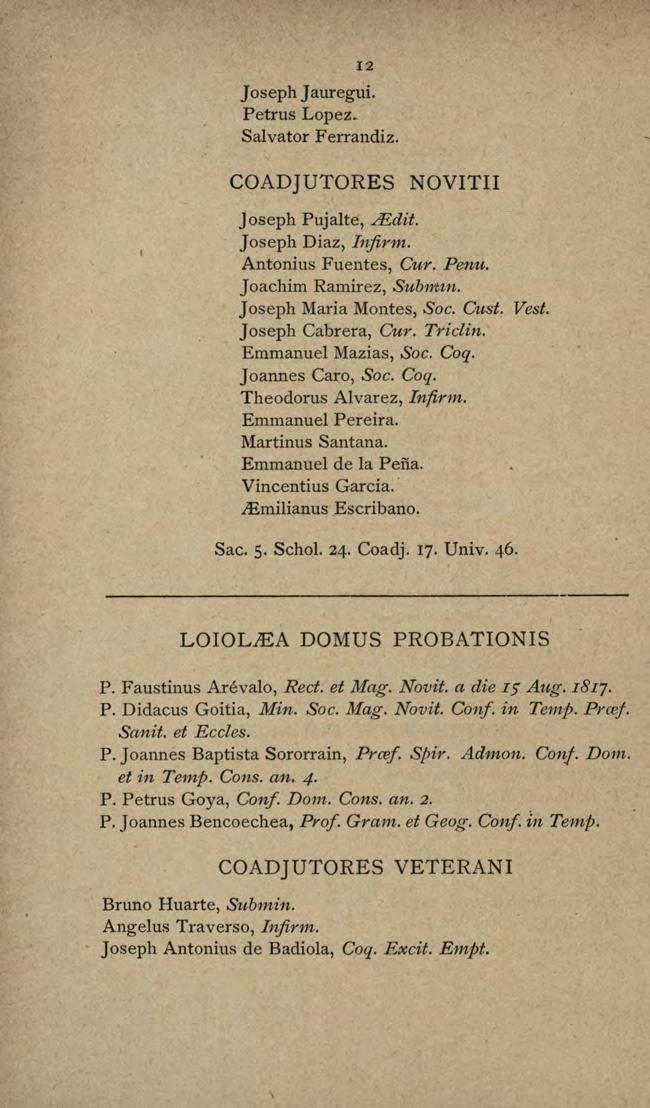 12 Joseph Jauregui. Petrus Lopez. Salvator Ferrandiz. COADJUTORES NOVITII Joseph Pujalte, A!;dit. Joseph Diaz, Injirm. Antonius Fuentes, Cur. Penu. Joachim Ramirez, Subm.zn. Joseph Maria Montes, Soc.