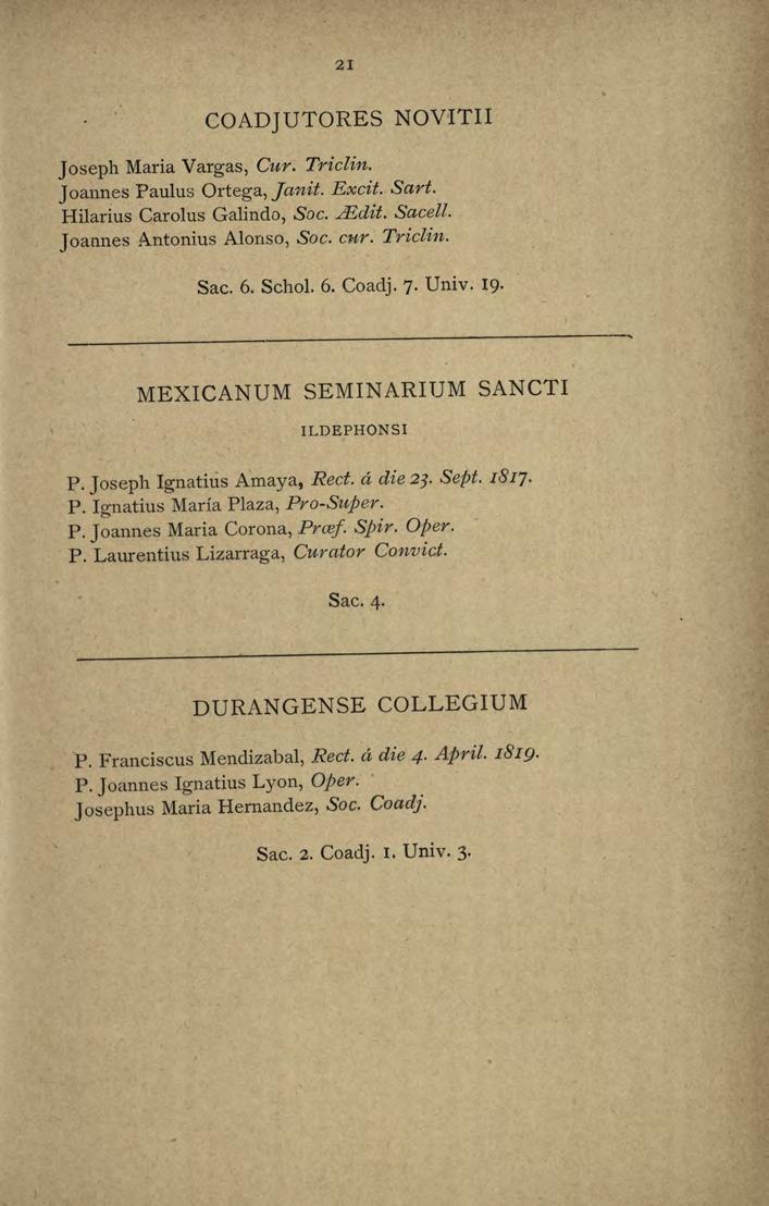 21 COADJUTORES NOVITII Joseph Maria Vargas, Cur; Triclin. J oannes Paulus Ortega, Janit. Excit. Sart. Hilarius Carolus Galindo, Soc../Edit. Sacell. J oannes Antonius Alonso, So c. c1-tr. Triclin. Sac. 6.