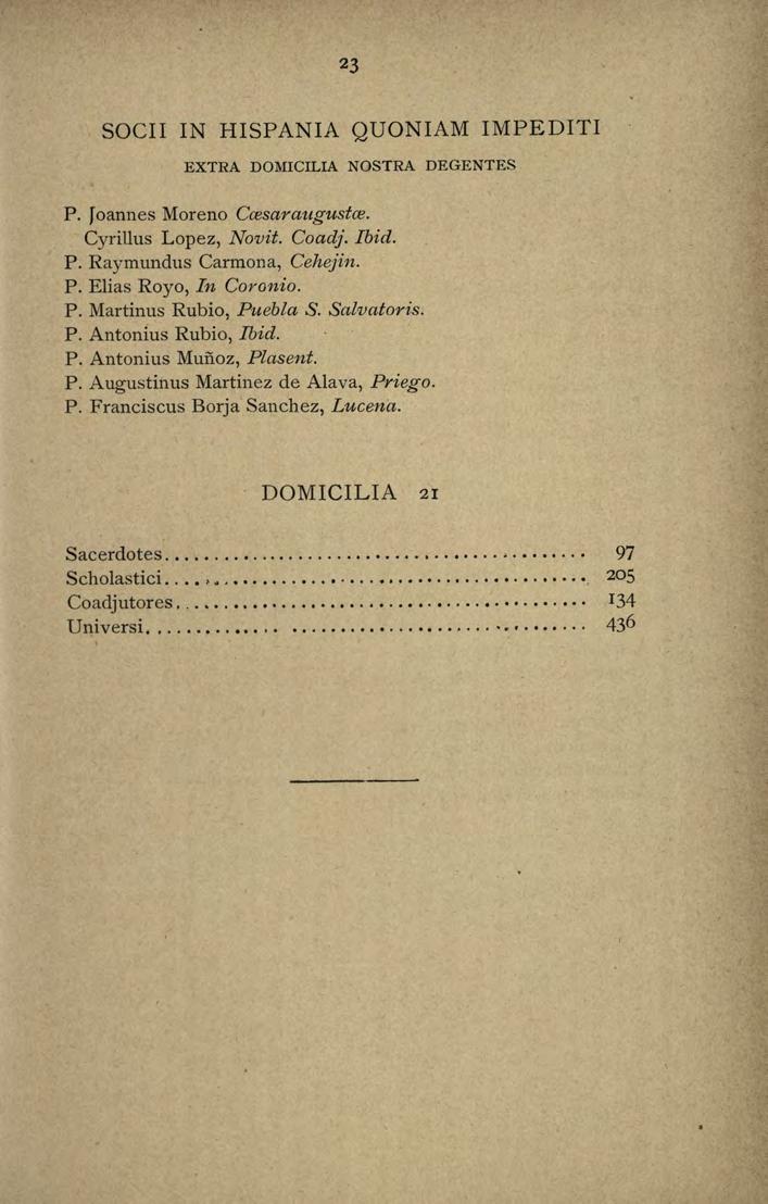 23 SOCII IN HISPANIA QUONIAM IMPEDITI EXTRA DOMICILIA NOSTRA DEGENTES P. Joannes Moreno Ccesaraugustce. Cyrillus Lopez, Novit. Coadj. Ibid. P. Raymundus Carmona, Cehejin. P. Elias Royo, In Coronio. P. Martinus Rubio, Puebla S.