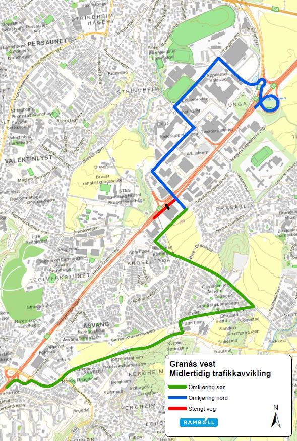 8. Midlertidig trafikkavvikling Tiltak i rampe fra E6 og i krysset inngår i planen. Tiltaket avgrenses av en mur mot parkeringsplass og adkomstveg inne på Møllers areal. 8.