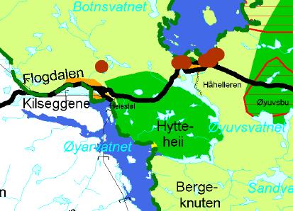 Øverste kartutsnitt fra det gamle Villreinkartet som ble utarbeidet tidlig på 90-tallet, her med inntegna gule