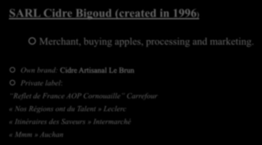 2 companies under the same roof SARL Cidre Bigoud (created in 1996) Merchant, buying apples, processing and marketing.