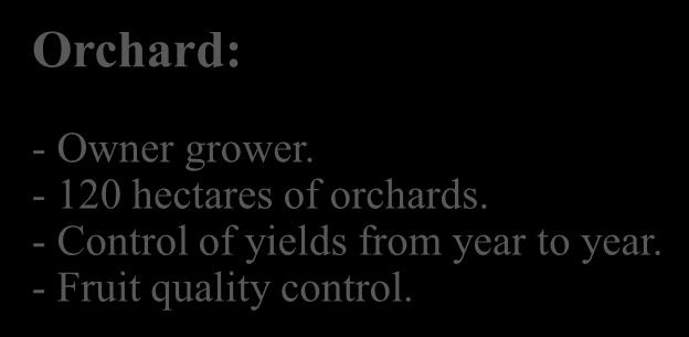 Our know-how Orchard: - Owner grower. - 120 hectares of orchards. - Control of yields from year to year.