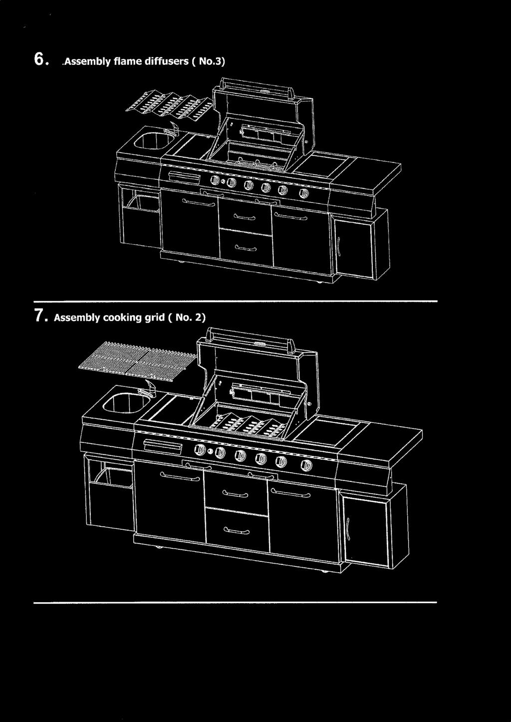 5.: Montering Legg grillens flametamers (3) på plass over hovedbrennerne.