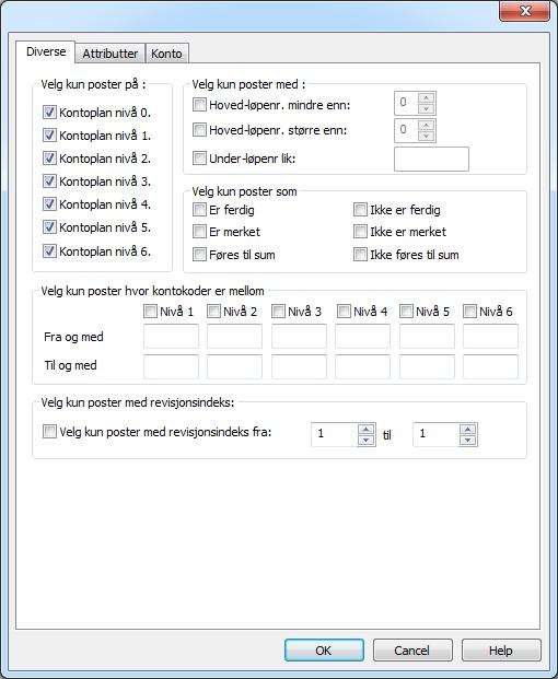 ISY G-Prog Linker MERK: Ingen valg i postutvelgelse blir brukt før Bruk postutvelgelse knappen er valgt. Velg kun poster på kontoplan nivå Fjern kryss på de nivåer du ikke vil ha med.