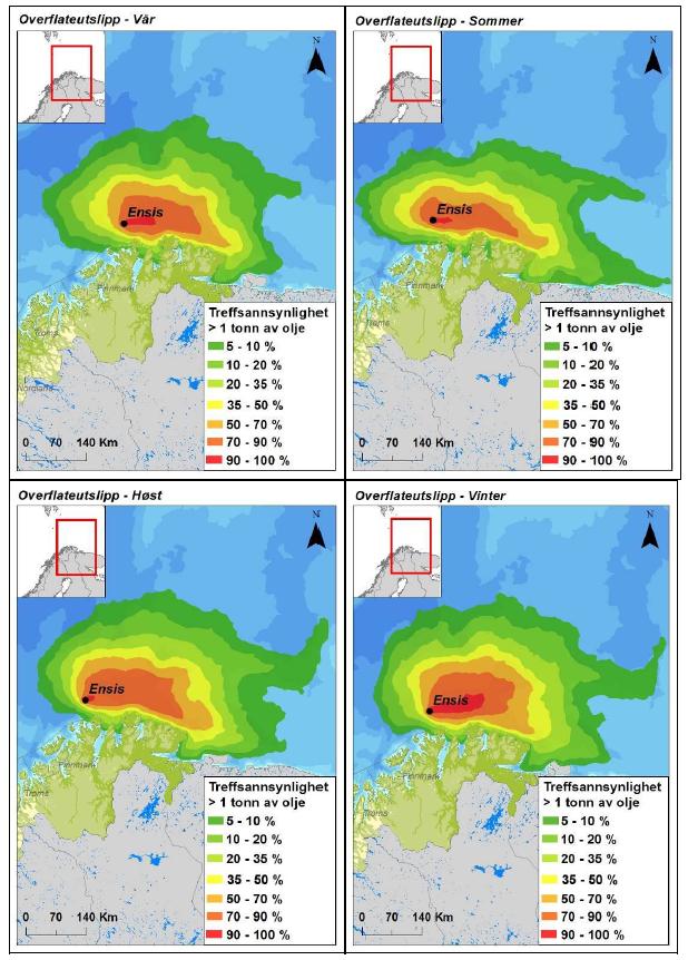 Figur 3-1: Sannsynligheten for treff av mer enn 1 tonn olje i 10 10 km sjøruter gitt en overflateutblåsning fra 7125/4-3 Ensis i hver sesong.