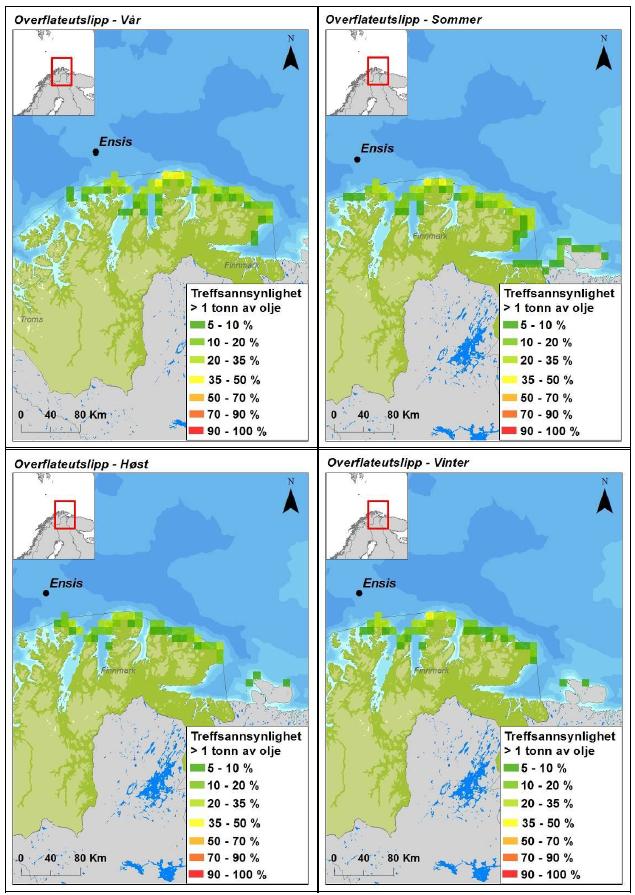 Figur 3-3: Sannsynligheten for treff av mer enn 1 tonn olje i 10 10 km kystruter gitt en overflateutblåsning fra 7125/4-3 Ensis i hver sesong.