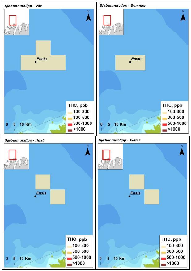 Figur 3-5: Beregnet gjennomsnittlige THC-konsentrasjoner ( 100 ppb) i 10 10 km sjøruter gitt en sjøbunnsutblåsning fra 7125/4-3 Ensis i hver sesong.