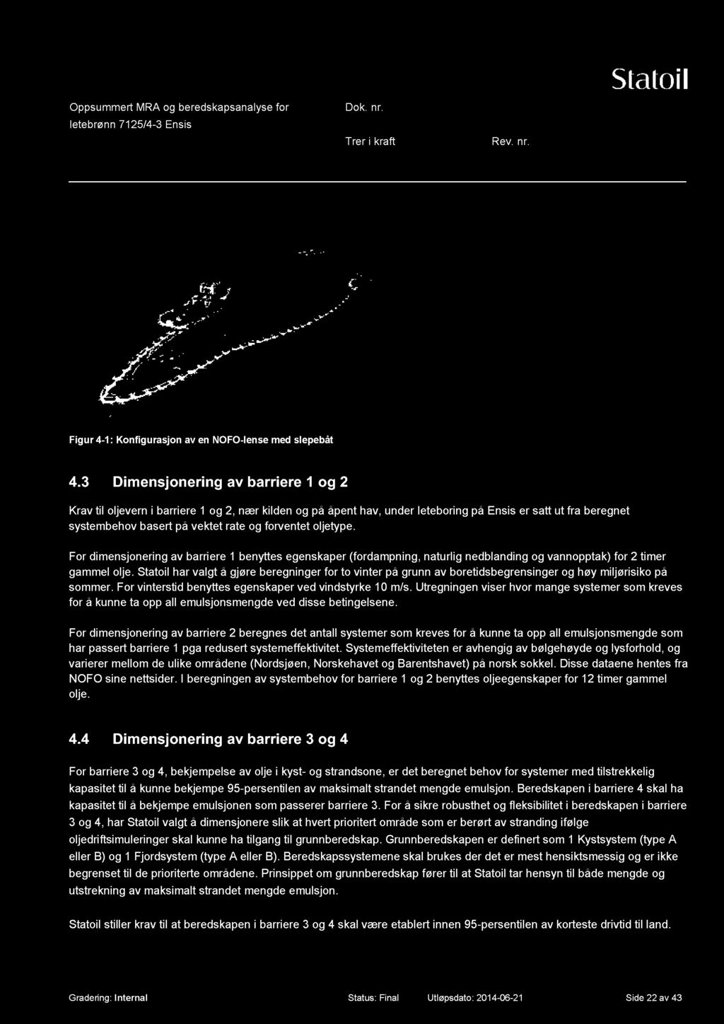 oljetype. For dimensjonering av barriere 1 benyttes egenskaper (fordampning, naturlig nedblanding og vannopptak) for 2 timer gammel olje.