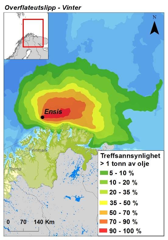 Figur 4-6: Influensområdet for Ensis, for henholdsvis overflate- og sjøbunnsutslipp vinter Korteste drivtid fra Ensis til land, representert ved 95-persentilen, er beregnet til å være 2,7 døgn [1].