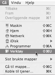 MAC OS X 11 Velg [Verktøy] fra [Gå]-menyen. Hvis du bruker Mac OS X v10.5 til 10.5.8 eller v10.6, klikk [Systemvalg] i Apple-menyen ( ) og velg [Utskrift og faks] ( ).