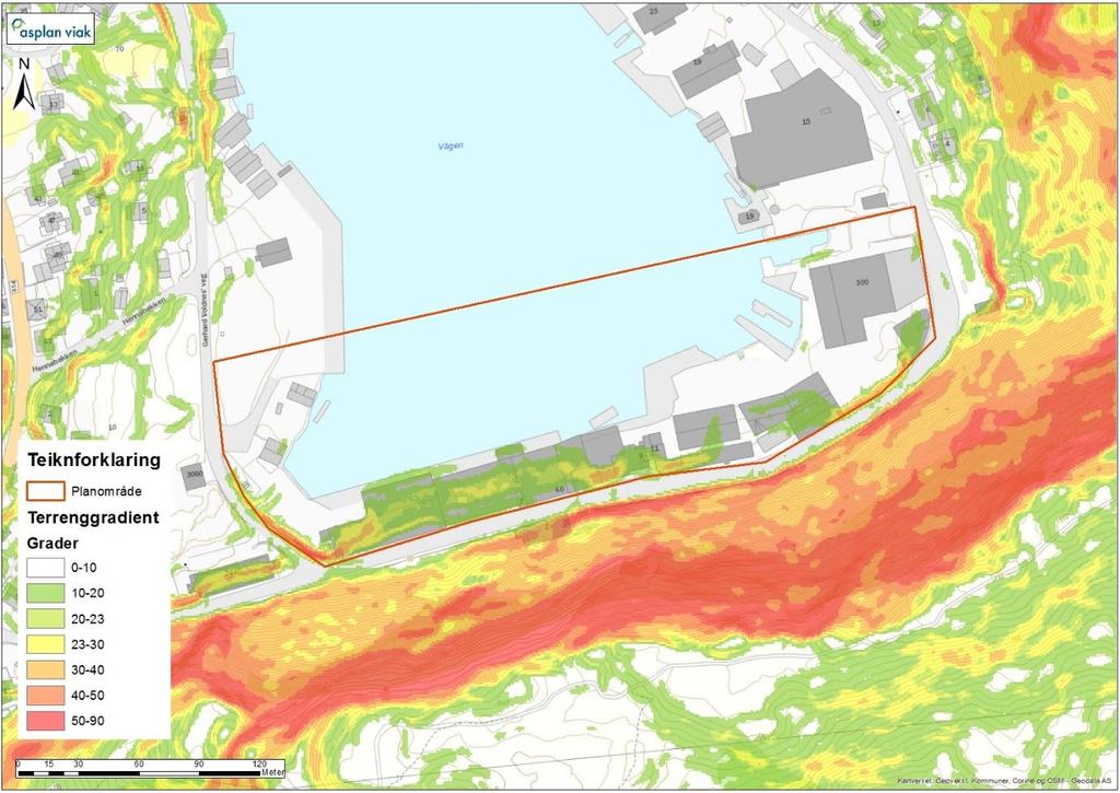 9 Figur 3-4 Terrenghelling for planområdet og fjellsida over det vurderte området. 3.2 Vegetasjon og geologi Planområdet er allereie utbygd med industri.