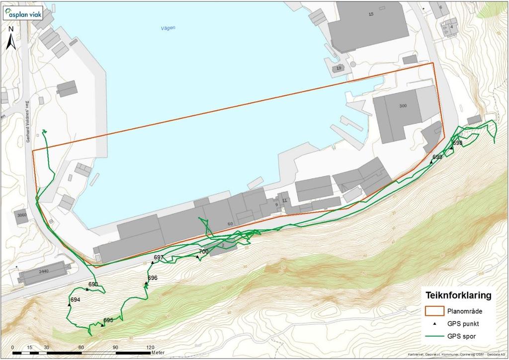 8 Figur 3-3 Kart som viser oversikt over sporlogg og viktige GPS punkt registrert under synfaringa. 3.1 Topografi Planområdet går frå havnivå og opp til omtrentleg 10 høgdemeter og strekker seg ut eit stykke nordover i sjøen.