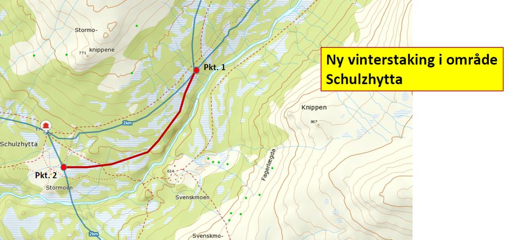 Kart med omlegging av vinterstaking (rød strek). Eksisterende rute er merket med blått.